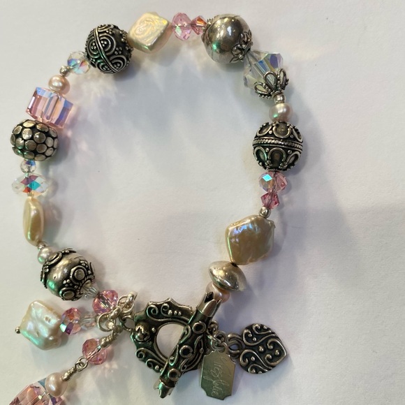 Tres Jolie Pale Pink Crystal Pearl Sterling Silver Bali Beads Toggle Bracelet - Picture 4 of 12